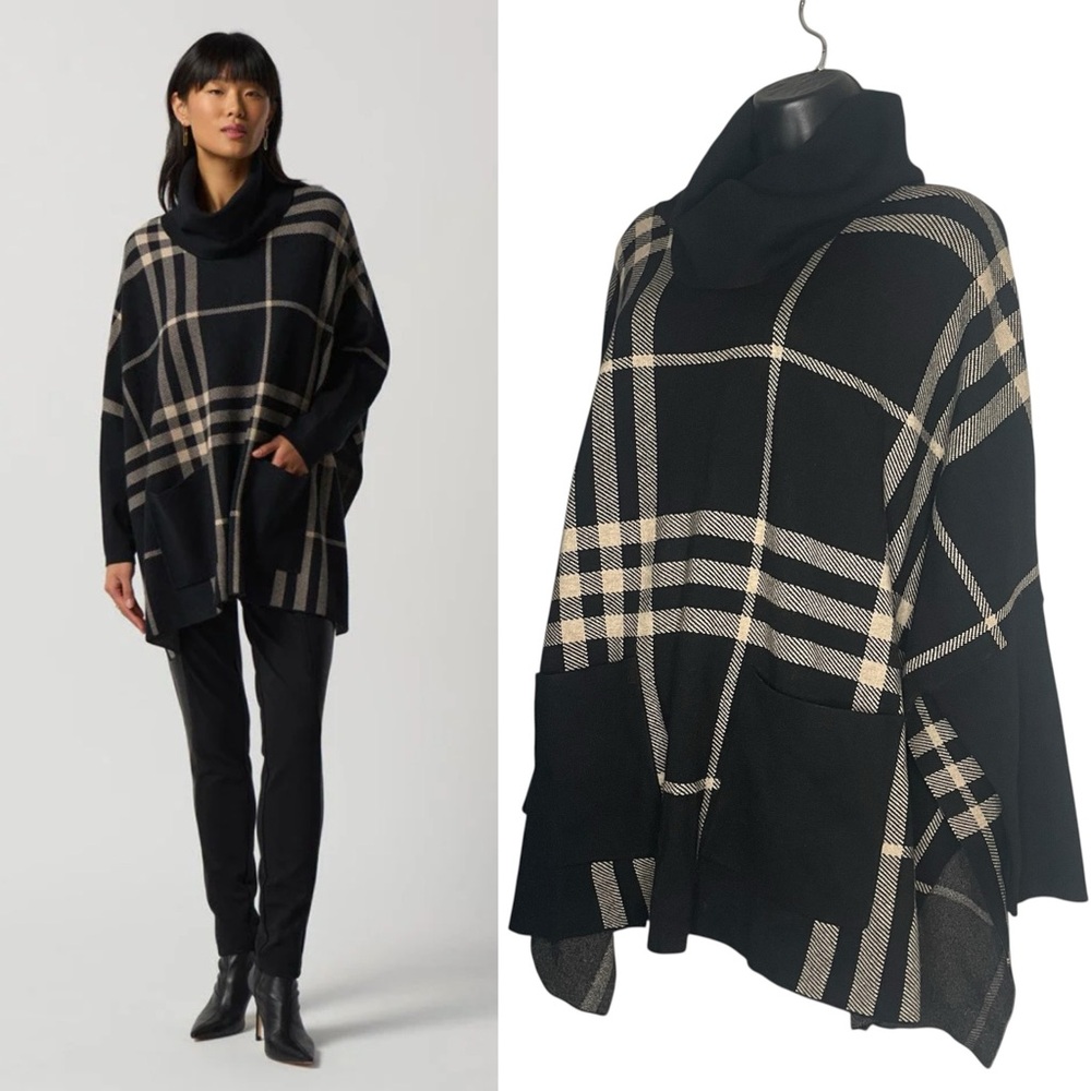 JOSEPH RIBKOFF BLACK/OATMEAL COWL NECK PLAID PONCHO